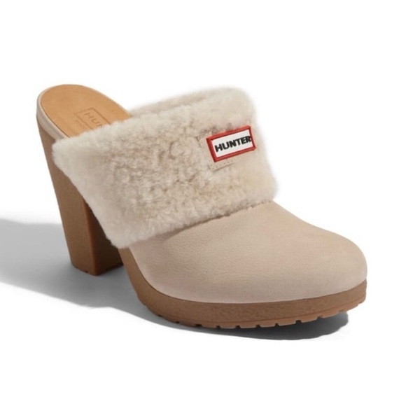 Hunter Shoes - Hunter Bruson Amazonas Shearling Lined Leather Heeled Clog Mule Shoes 8